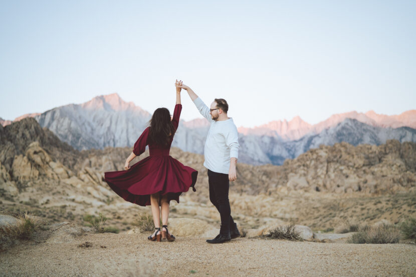 Engaged couple dancing at sunrise in the Alabama Hills