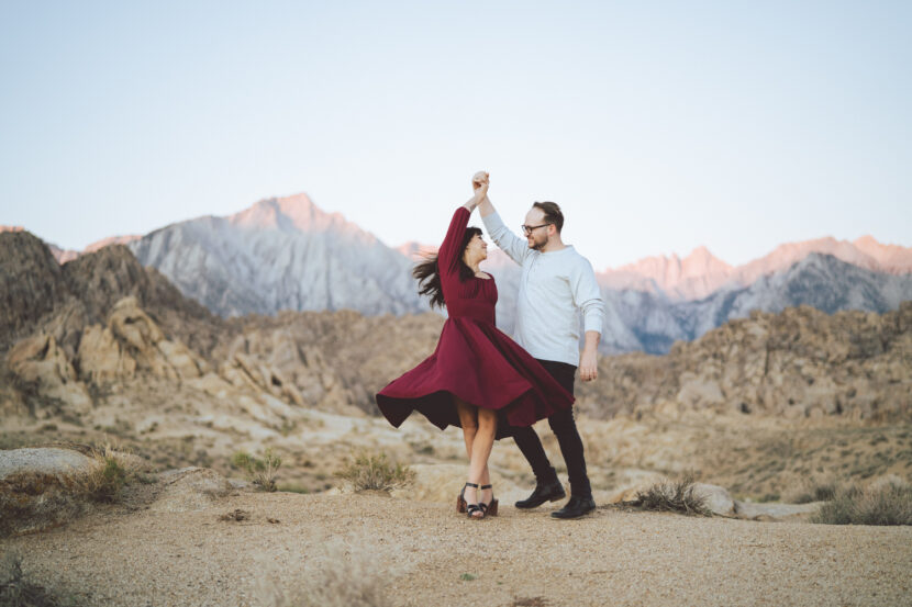 Engaged couple dancing at sunrise in the Alabama Hills