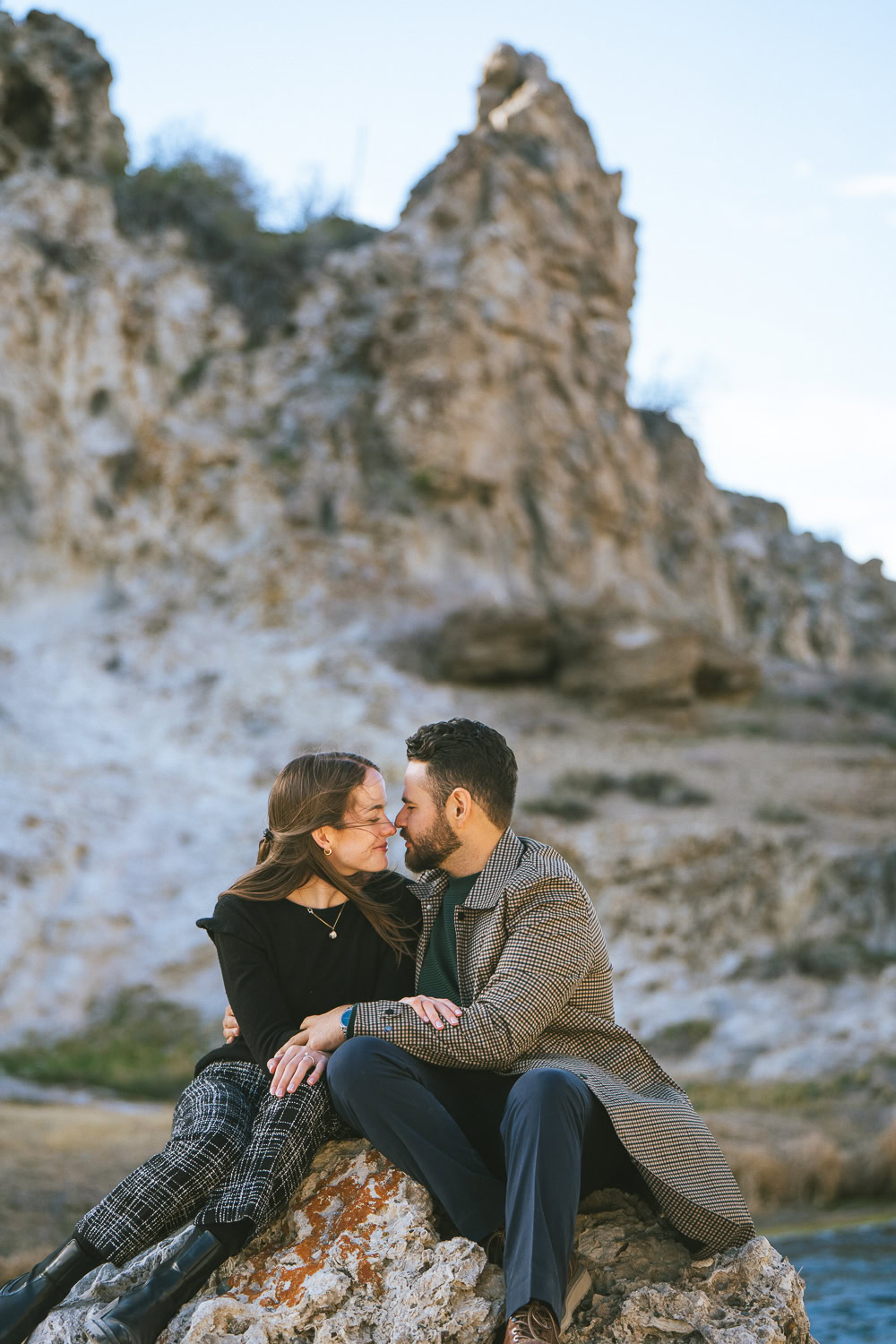 Engaged couple at Hot Creek Geological site near Mammoth Lakes California