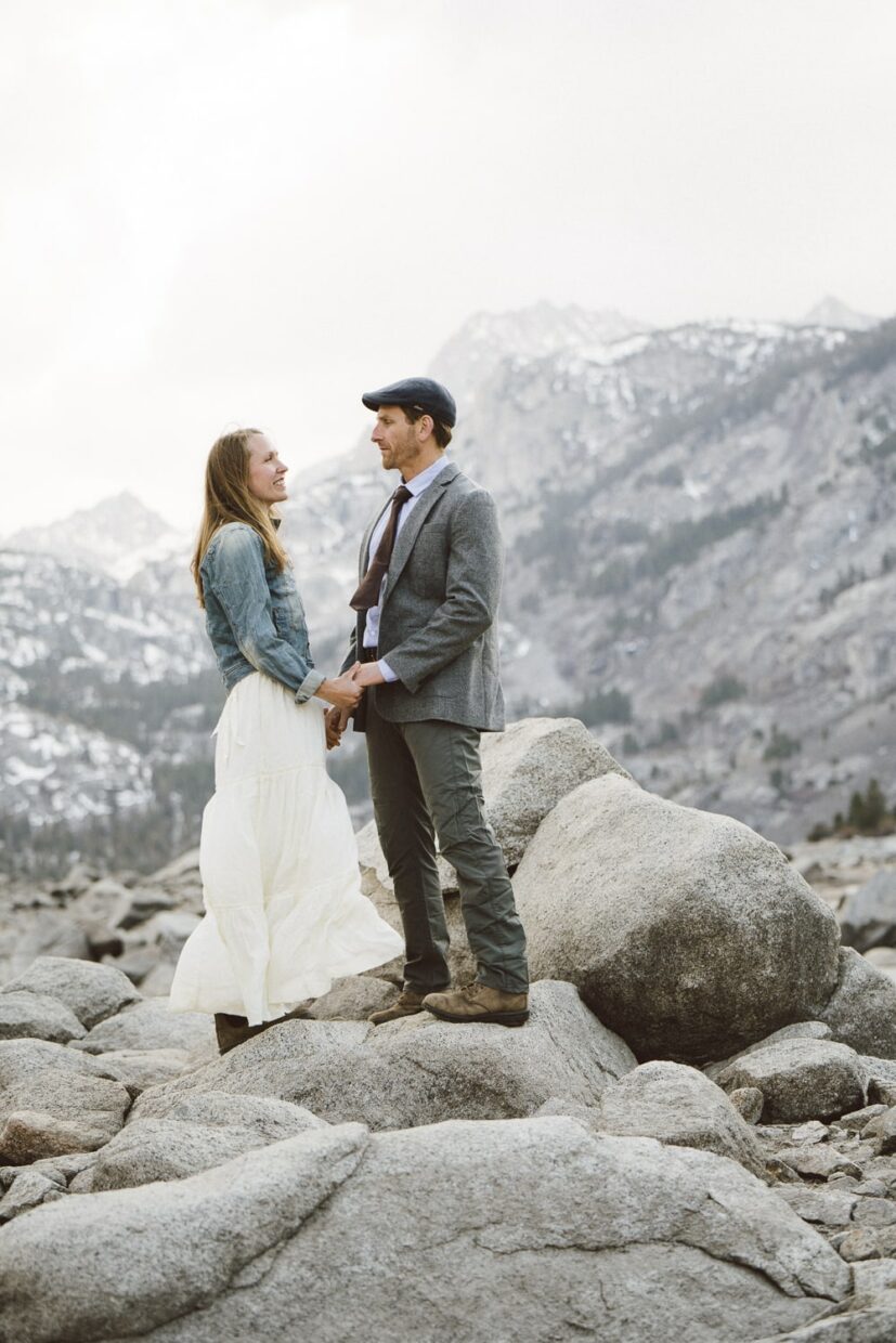 Adventurous wedding couple Lake Sabrina California